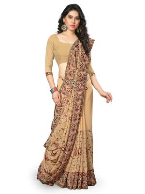 Beige embroidered georgette saree with blouse 2