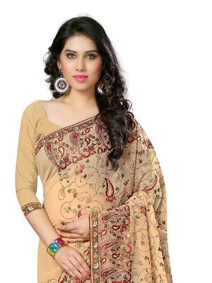 Beige embroidered georgette saree with blouse 3