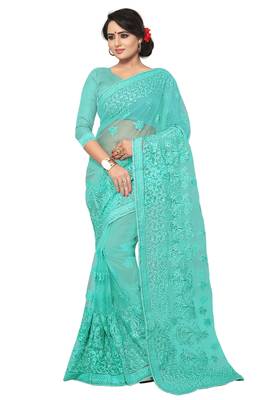 Green embroidered net saree with blouse 1