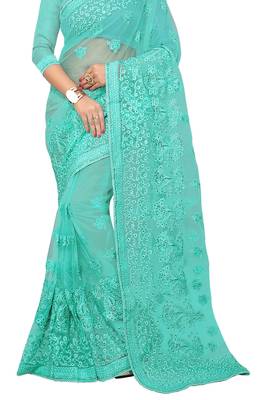 Green embroidered net saree with blouse 2