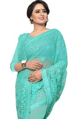 Green embroidered net saree with blouse 4