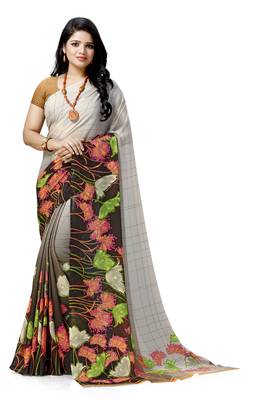 Brown printed georgette saree with blouse 1