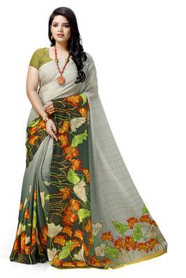 Green printed georgette saree with blouse 1