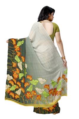 Green printed georgette saree with blouse 2