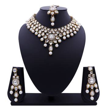 Lalso Designer Kundan Stone White Drops Antique Gold Link Necklace Earring Maangtikka Jewelry Set - LLKNS01_WT 1