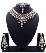 Lalso Designer Kundan Stone White Drops Antique Gold Link Necklace Earring Maangtikka Jewelry Set - LLKNS01_WT