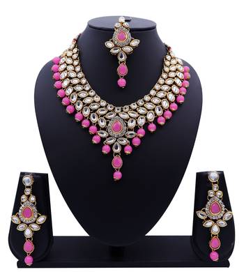 Lalso Designer Kundan Stone Baby Pink Drops Antique Gold Link Necklace Earring Maangtikka Jewelry Set - LLKNS02_BP 1