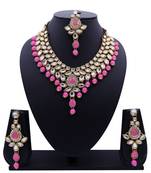 Lalso Designer Kundan Stone Baby Pink Drops Antique Gold Link Necklace Earring Maangtikka Jewelry Set - LLKNS02_BP