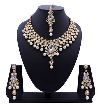 Lalso Designer Kundan Stone White Drops Antique Gold Link Necklace Earring Maangtikka Jewelry Set - LLKNS03_WT 1