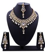 Lalso Designer Kundan Stone White Drops Antique Gold Link Necklace Earring Maangtikka Jewelry Set - LLKNS03_WT