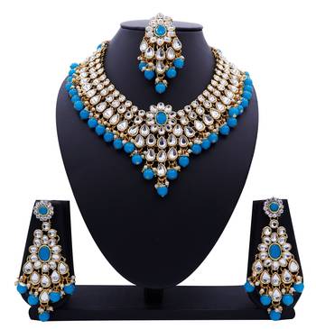 Lalso Designer Kundan Stone Firozi Drops Antique Gold Link Necklace Earring Maangtikka Jewelry Set - LLKNS05_FZ 1