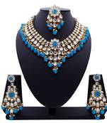 Lalso Designer Kundan Stone Firozi Drops Antique Gold Link Necklace Earring Maangtikka Jewelry Set - LLKNS05_FZ