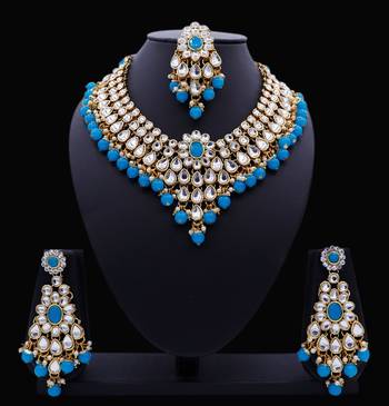 Lalso Designer Kundan Stone Firozi Drops Antique Gold Link Necklace Earring Maangtikka Jewelry Set - LLKNS05_FZ 2