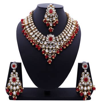 Lalso Designer Kundan Stone Red Drops Antique Gold Link Necklace Earring Maangtikka Jewelry Set - LLKNS05_RD 1