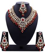 Lalso Designer Kundan Stone Red Drops Antique Gold Link Necklace Earring Maangtikka Jewelry Set - LLKNS05_RD