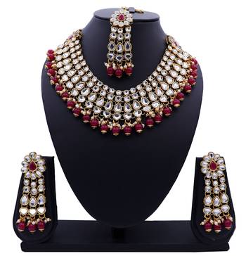 Lalso Designer Kundan Stone Maroon Drops Antique Gold Link Necklace Earring Maangtikka Jewelry Set - LLKNS06_MR 1