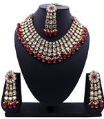 Lalso Designer Kundan Stone Maroon Drops Antique Gold Link Necklace Earring Maangtikka Jewelry Set - LLKNS06_MR
