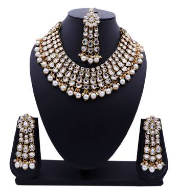 Lalso Designer Kundan Stone White Drops Antique Gold Link Necklace Earring Maangtikka Jewelry Set - LLKNS06_WT 1