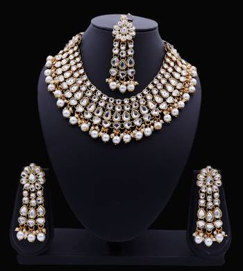 Lalso Designer Kundan Stone White Drops Antique Gold Link Necklace Earring Maangtikka Jewelry Set - LLKNS06_WT 2
