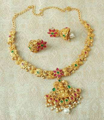 Lalso Designer Ruby Green Delicate Gold Plated Laxmi Temple South Necklace Earring Set - LSDN01_RG 1