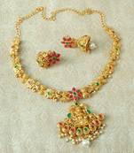Lalso Designer Ruby Green Delicate Gold Plated Laxmi Temple South Necklace Earring Set - LSDN01_RG
