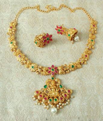 Lalso Designer Ruby Green Delicate Gold Plated Laxmi Temple South Necklace Earring Set - LSDN01_RG 2