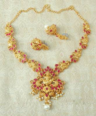 Lalso Designer Ruby Delicate Gold Plated Laxmi Temple South Necklace Earring Set - LSDN03_RB 1