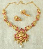 Lalso Designer Ruby Delicate Gold Plated Laxmi Temple South Necklace Earring Set - LSDN03_RB