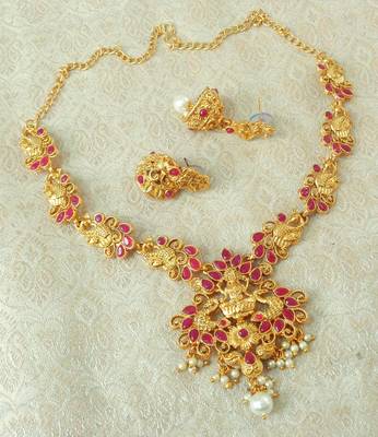 Lalso Designer Ruby Delicate Gold Plated Laxmi Temple South Necklace Earring Set - LSDN03_RB 2