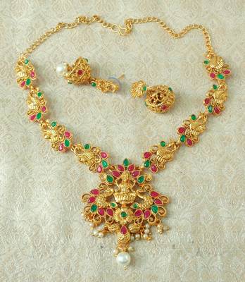 Lalso Designer Ruby Green Delicate Gold Plated Laxmi Temple South Necklace Earring Set - LSDN03_RG 1