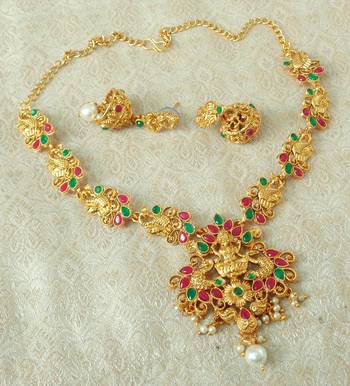 Lalso Designer Ruby Green Delicate Gold Plated Laxmi Temple South Necklace Earring Set - LSDN03_RG 2