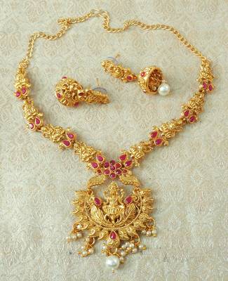 Lalso Designer Ruby Delicate Gold Plated Laxmi Temple South Necklace Earring Set - LSDN04_RB 1