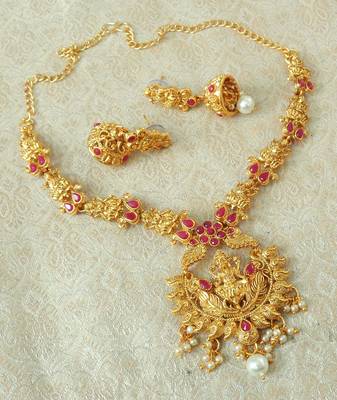 Lalso Designer Ruby Delicate Gold Plated Laxmi Temple South Necklace Earring Set - LSDN04_RB 2