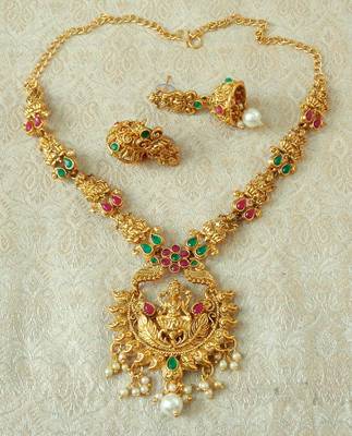 Lalso Designer Ruby Green Delicate Gold Plated Laxmi Temple South Necklace Earring Set - LSDN04_RG 1