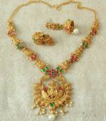 Lalso Designer Ruby Green Delicate Gold Plated Laxmi Temple South Necklace Earring Set - LSDN04_RG