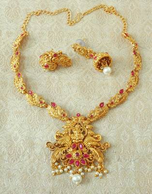 Lalso Designer Ruby Delicate Gold Plated Laxmi Temple South Necklace Earring Set - LSDN05_RB 1