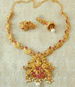 Lalso Designer Ruby Delicate Gold Plated Laxmi Temple South Necklace Earring Set - LSDN05_RB