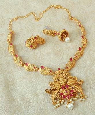 Lalso Designer Ruby Delicate Gold Plated Laxmi Temple South Necklace Earring Set - LSDN05_RB 2