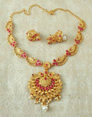Lalso Designer Ruby Delicate Gold Plated Laxmi Temple South Necklace Earring Set - LSDN06_RB 1