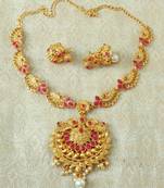 Lalso Designer Ruby Delicate Gold Plated Laxmi Temple South Necklace Earring Set - LSDN06_RB