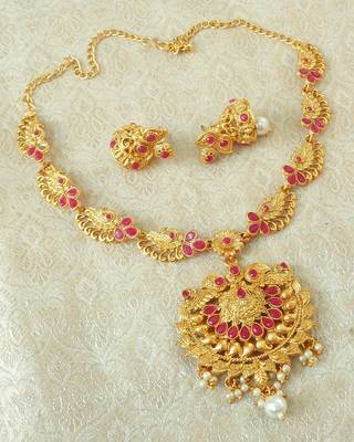 Lalso Designer Ruby Delicate Gold Plated Laxmi Temple South Necklace Earring Set - LSDN06_RB 2