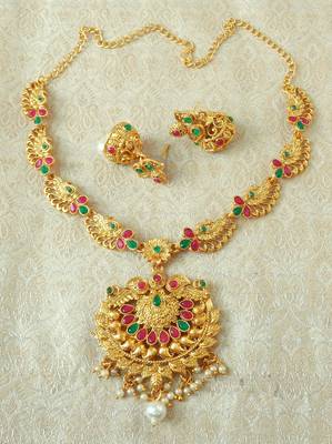 Lalso Designer Ruby Green Delicate Gold Plated Laxmi Temple South Necklace Earring Set - LSDN06_RG 1