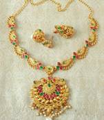 Lalso Designer Ruby Green Delicate Gold Plated Laxmi Temple South Necklace Earring Set - LSDN06_RG