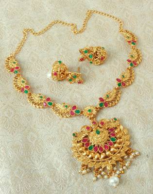 Lalso Designer Ruby Green Delicate Gold Plated Laxmi Temple South Necklace Earring Set - LSDN06_RG 2