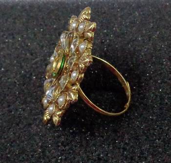 Lalso Royal White Kundan Pearls Adjustable Free Size Gold Plated Finger Ring 2