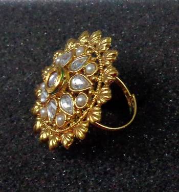 Lalso Royal White Kundan Pearls Adjustable Free Size Gold Plated Finger Ring - LKFR06_WT 2