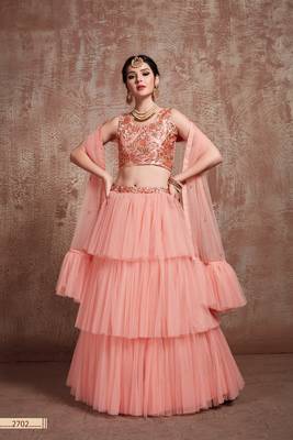Peach Embroidered Net Unstitched Lehenga 1