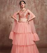 Peach Embroidered Net Unstitched Lehenga
