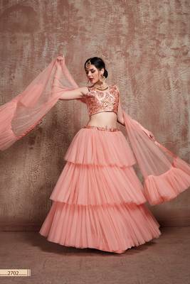 Peach Embroidered Net Unstitched Lehenga 2