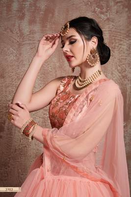 Peach Embroidered Net Unstitched Lehenga 3